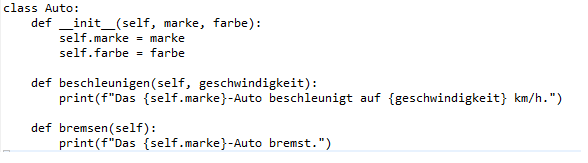 Python können wir zum Beispiel eine Klasse für ein Auto 